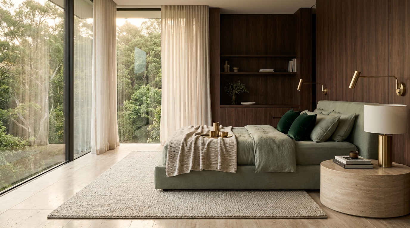 Representative master bedroom suite with green canopy views